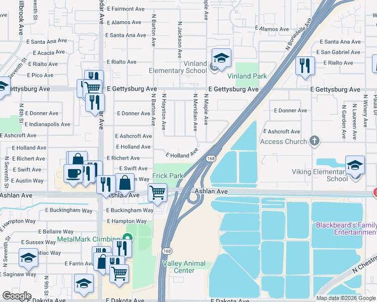 map of restaurants, bars, coffee shops, grocery stores, and more near 4570 East Holland Avenue in Fresno