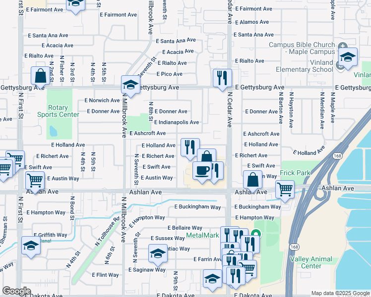map of restaurants, bars, coffee shops, grocery stores, and more near 4344 North 9th Street in Fresno