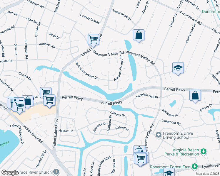 map of restaurants, bars, coffee shops, grocery stores, and more near 5125 Evesham Drive in Virginia Beach