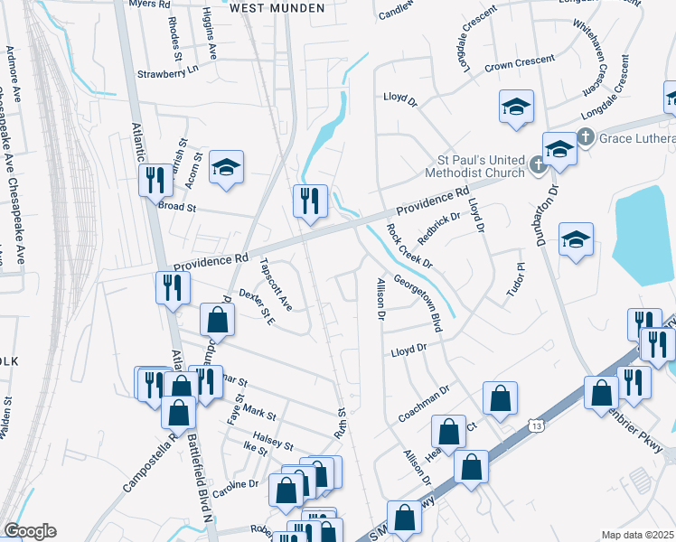 map of restaurants, bars, coffee shops, grocery stores, and more near 310 Holly Glen Drive in Chesapeake