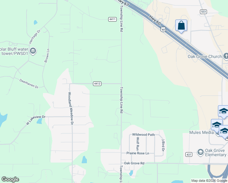 map of restaurants, bars, coffee shops, grocery stores, and more near 72 County Road 4413 in Poplar Bluff