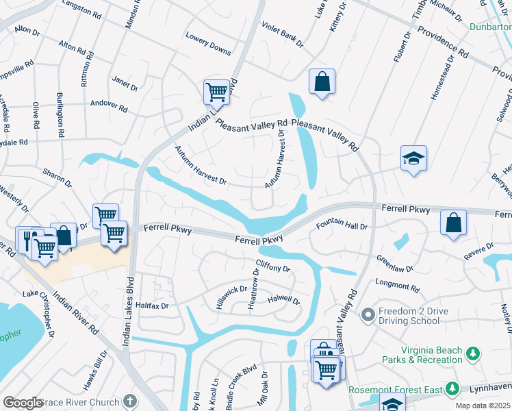 map of restaurants, bars, coffee shops, grocery stores, and more near 5125 Evesham Drive in Virginia Beach