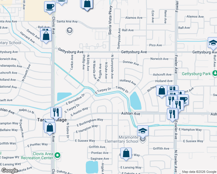 map of restaurants, bars, coffee shops, grocery stores, and more near 5772 East Tarpey Drive in Fresno