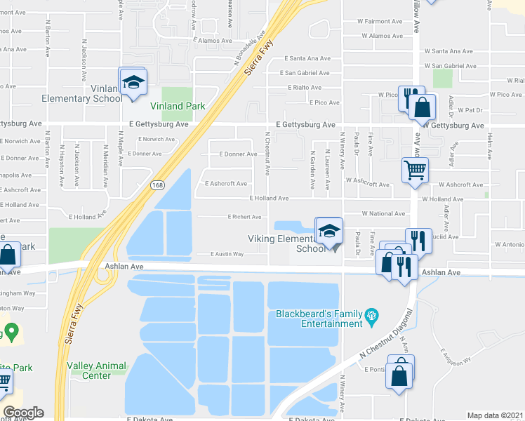 map of restaurants, bars, coffee shops, grocery stores, and more near 4798 East Richert Avenue in Fresno