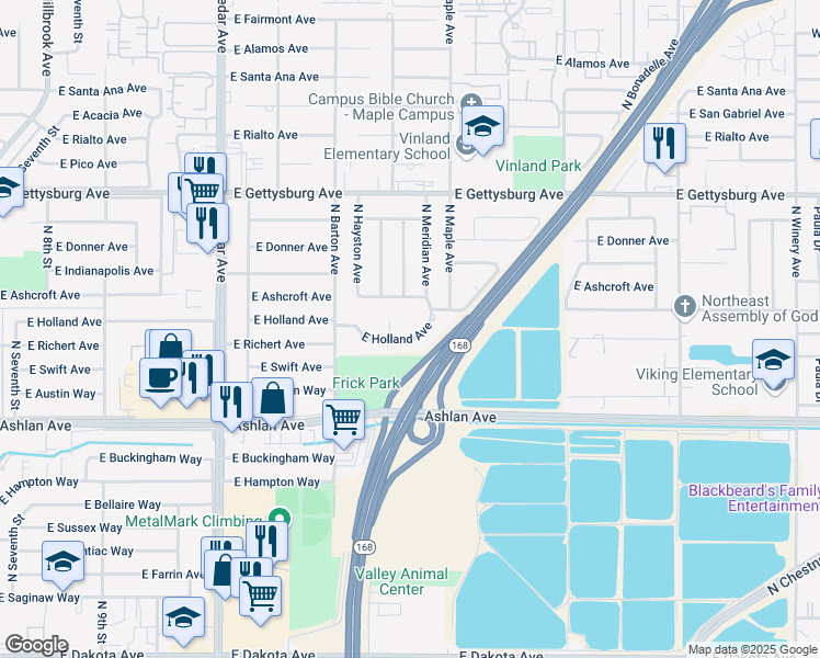 map of restaurants, bars, coffee shops, grocery stores, and more near 4570 East Holland Avenue in Fresno