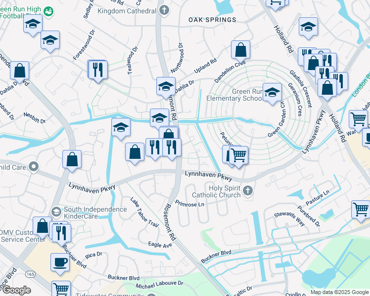 map of restaurants, bars, coffee shops, grocery stores, and more near 3553 Sierra Arch in Virginia Beach