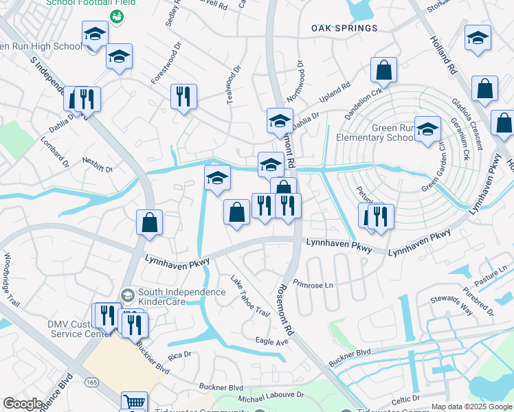 map of restaurants, bars, coffee shops, grocery stores, and more near 1554 Crescent Pointe Lane in Virginia Beach