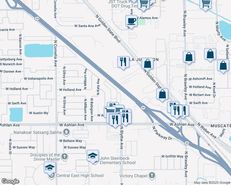 map of restaurants, bars, coffee shops, grocery stores, and more near 4141 North Blythe Avenue in Fresno