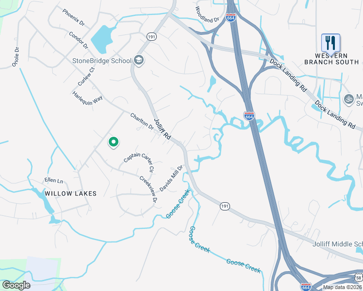 map of restaurants, bars, coffee shops, grocery stores, and more near Virginia 191 in Chesapeake