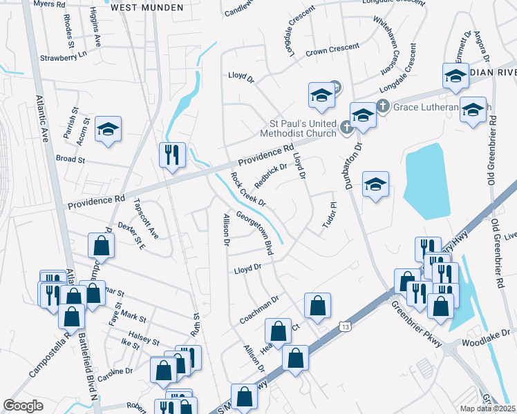 map of restaurants, bars, coffee shops, grocery stores, and more near 2232 Rock Creek Drive in Chesapeake