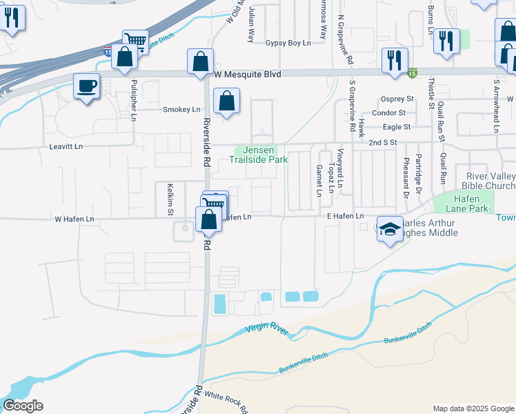 map of restaurants, bars, coffee shops, grocery stores, and more near 717 West Hafen Lane in Mesquite