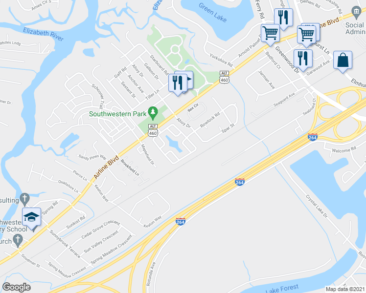 map of restaurants, bars, coffee shops, grocery stores, and more near 3612 Valley Point Crescent in Chesapeake