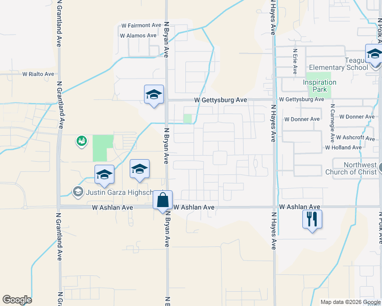 map of restaurants, bars, coffee shops, grocery stores, and more near 4190 North Bryan Avenue in Fresno