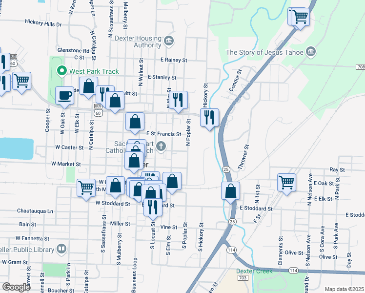 map of restaurants, bars, coffee shops, grocery stores, and more near 220 East Caster Street in Dexter