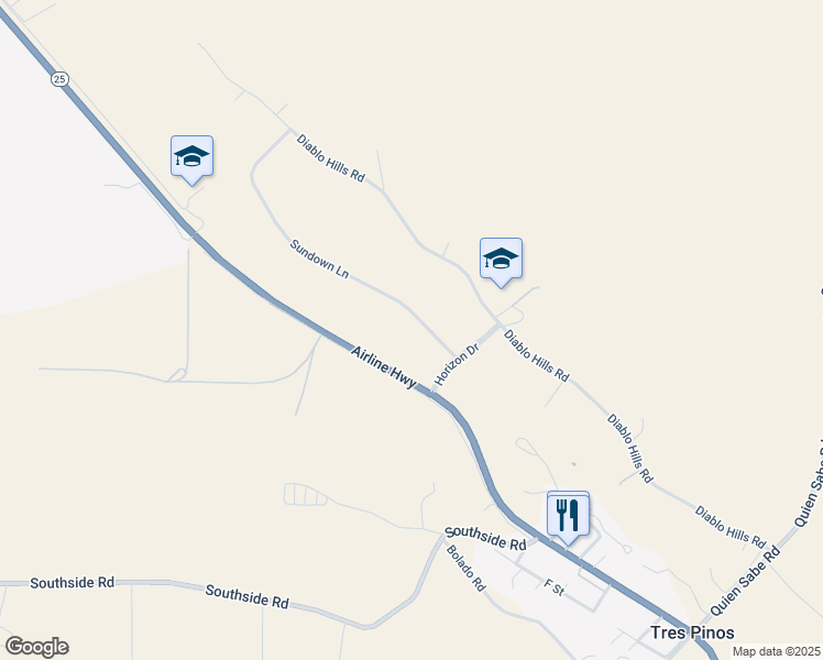 map of restaurants, bars, coffee shops, grocery stores, and more near 5636 Sundown Lane in Tres Pinos