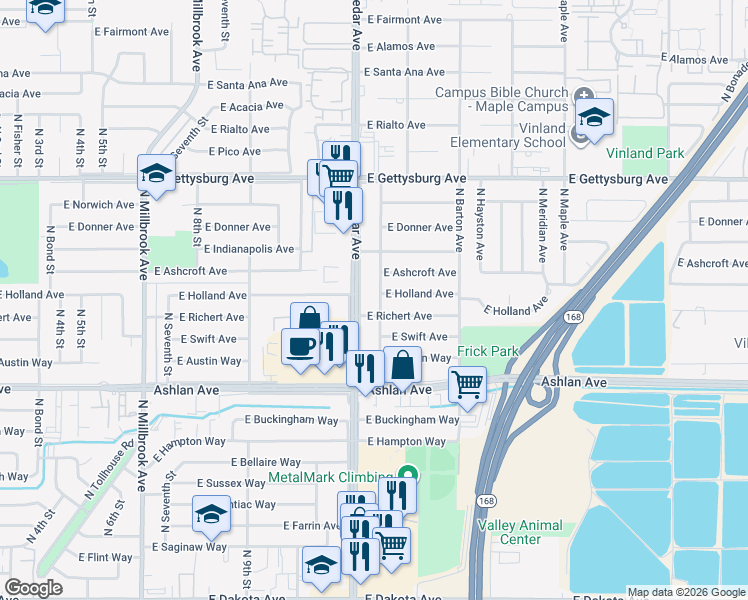 map of restaurants, bars, coffee shops, grocery stores, and more near 4332 North Cedar Avenue in Fresno