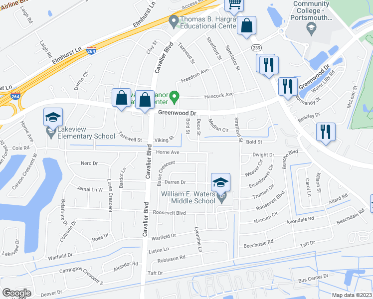 map of restaurants, bars, coffee shops, grocery stores, and more near 914 Horne Avenue in Portsmouth