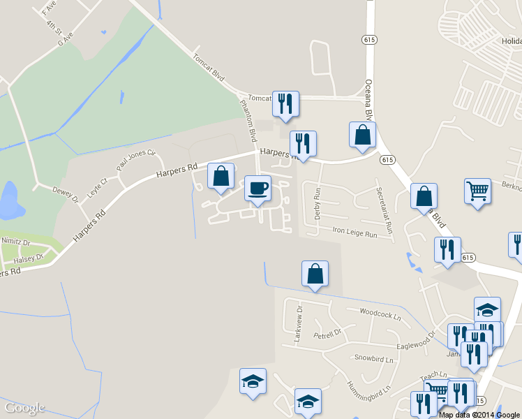 map of restaurants, bars, coffee shops, grocery stores, and more near 1374 Skyhawk Circle in Virginia Beach