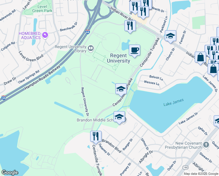 map of restaurants, bars, coffee shops, grocery stores, and more near 1320 Regent University Drive in Virginia Beach