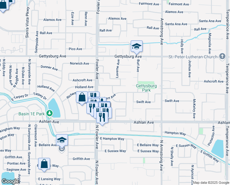 map of restaurants, bars, coffee shops, grocery stores, and more near 1965 Swift Avenue in Clovis