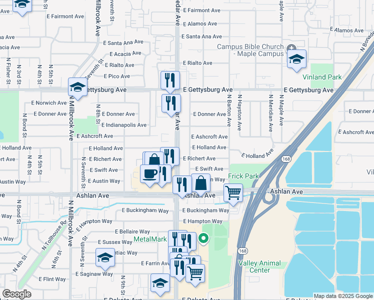map of restaurants, bars, coffee shops, grocery stores, and more near 4332 North Cedar Avenue in Fresno