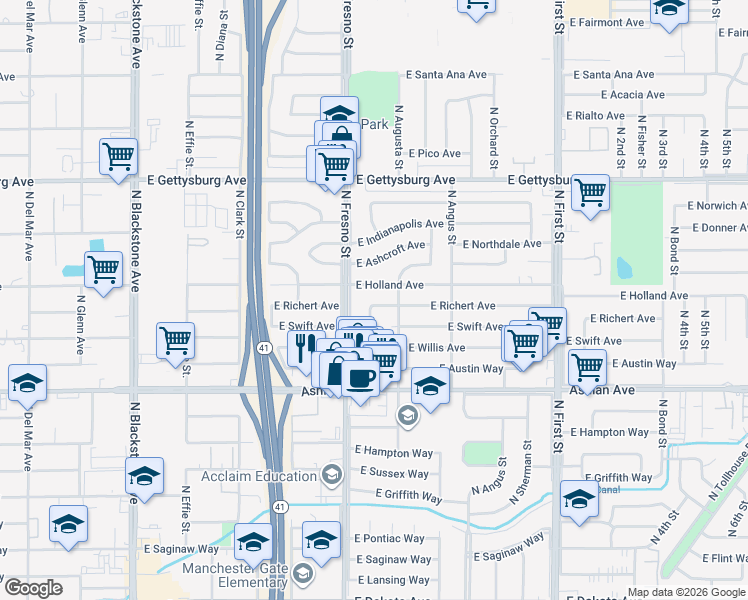 map of restaurants, bars, coffee shops, grocery stores, and more near 4343 North Augusta Street in Fresno