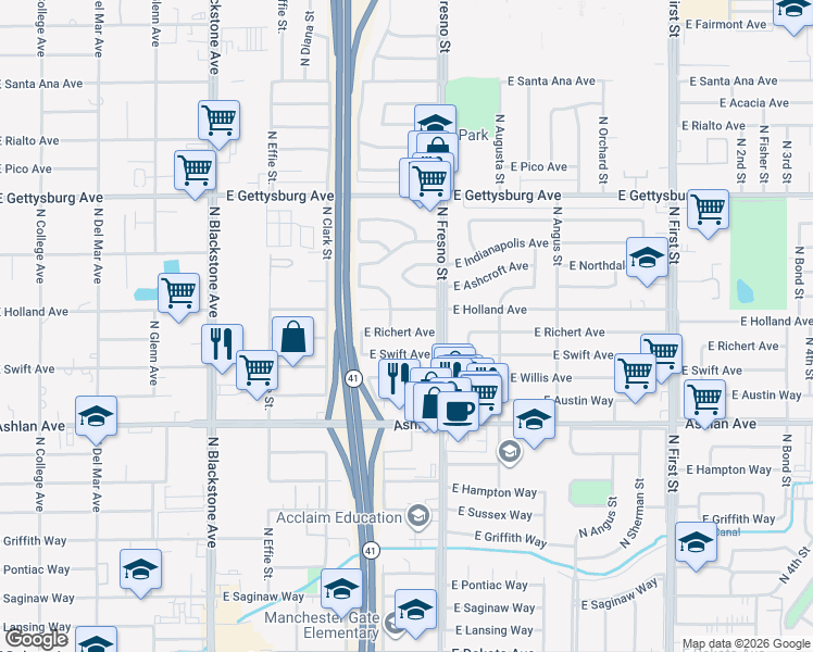 map of restaurants, bars, coffee shops, grocery stores, and more near 2409 East Swift Avenue in Fresno