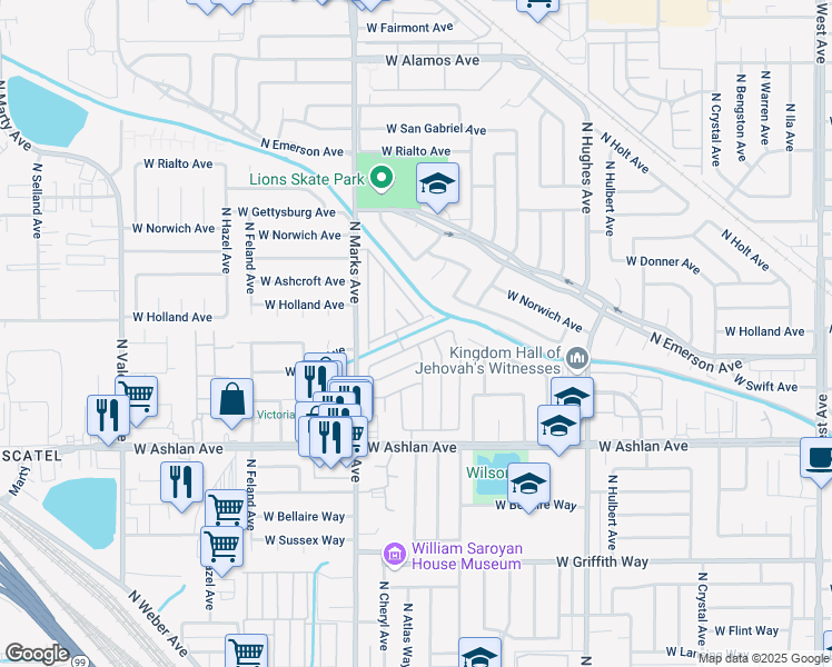 map of restaurants, bars, coffee shops, grocery stores, and more near 129 Shoshone in Fresno