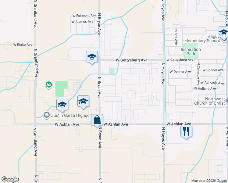map of restaurants, bars, coffee shops, grocery stores, and more near 4190 North Bryan Avenue in Fresno