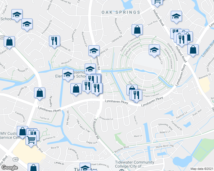map of restaurants, bars, coffee shops, grocery stores, and more near 3553 Sierra Arch in Virginia Beach