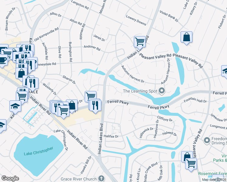 map of restaurants, bars, coffee shops, grocery stores, and more near 1517 Merton Court in Virginia Beach
