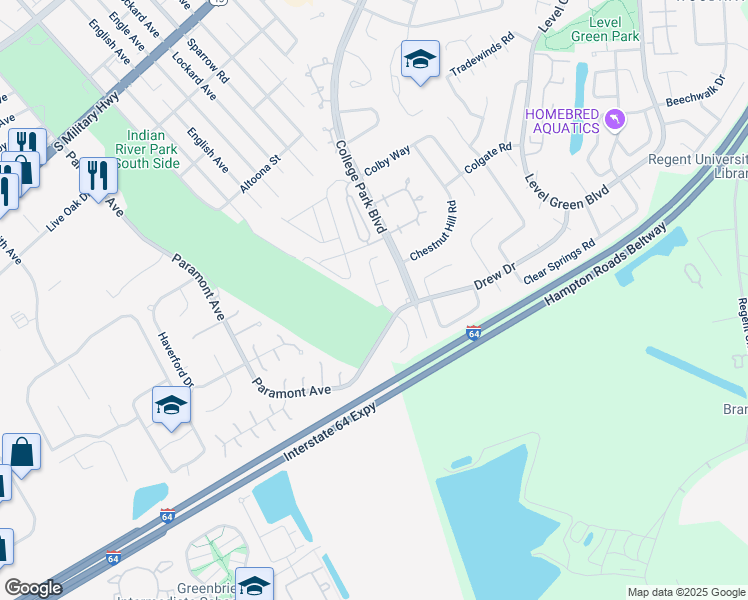 map of restaurants, bars, coffee shops, grocery stores, and more near 6421 Paramont Avenue in Chesapeake
