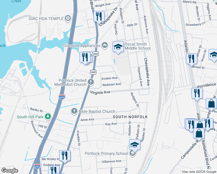 map of restaurants, bars, coffee shops, grocery stores, and more near 1120 Virginia Avenue in Chesapeake
