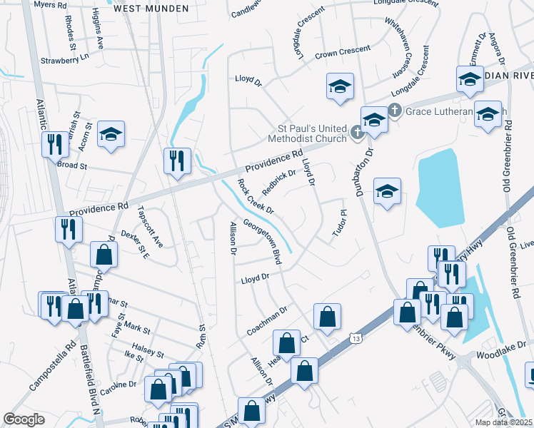 map of restaurants, bars, coffee shops, grocery stores, and more near 2232 Rock Creek Drive in Chesapeake