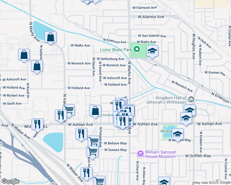map of restaurants, bars, coffee shops, grocery stores, and more near 3119 West Richert Avenue in Fresno