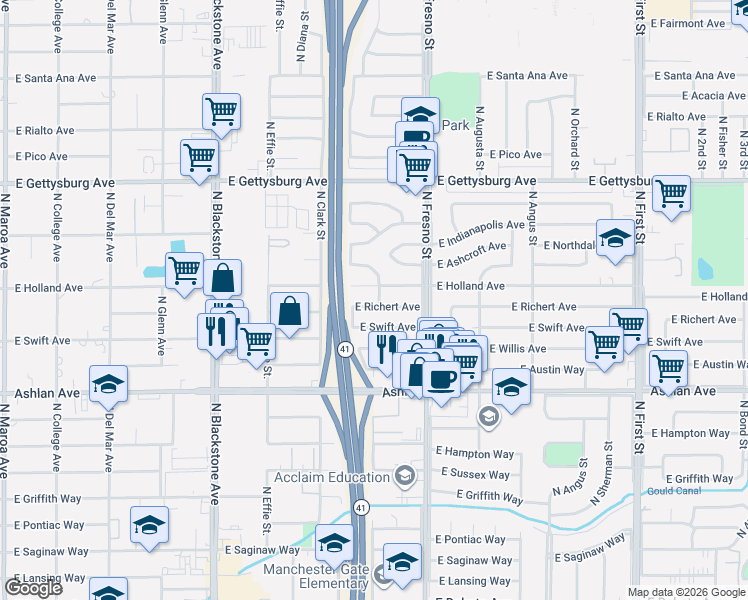 map of restaurants, bars, coffee shops, grocery stores, and more near 2237 East Swift Avenue in Fresno