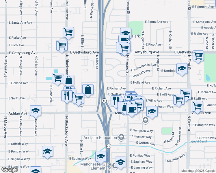 map of restaurants, bars, coffee shops, grocery stores, and more near 2237 East Swift Avenue in Fresno