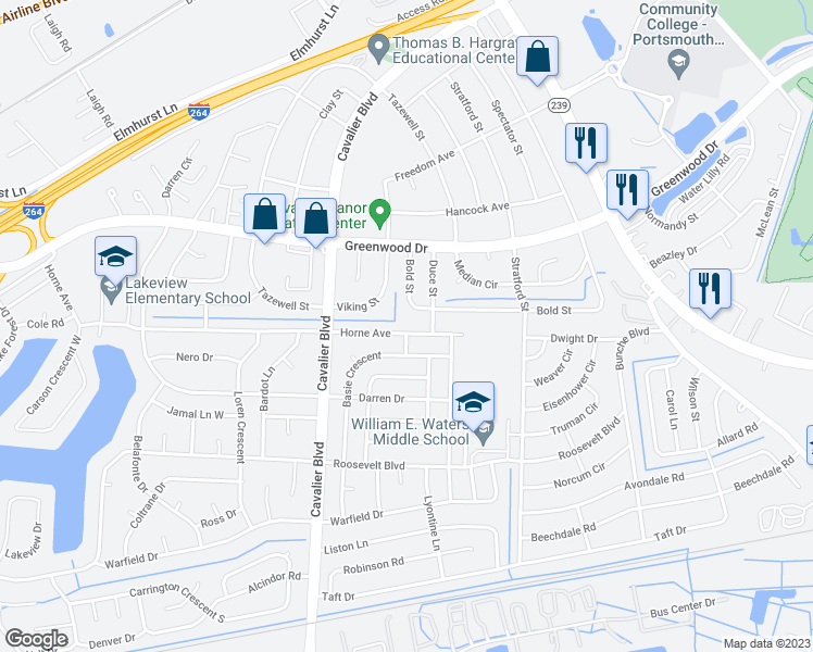 map of restaurants, bars, coffee shops, grocery stores, and more near 914 Horne Avenue in Portsmouth