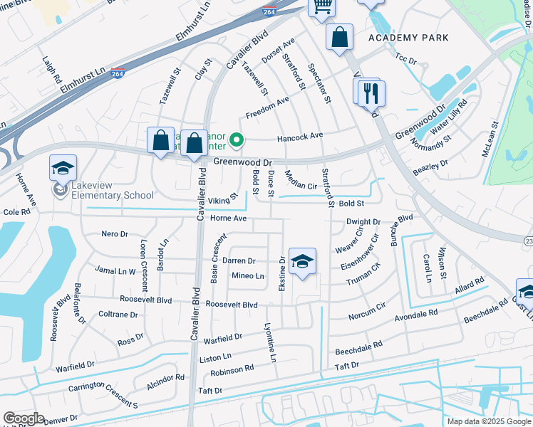 map of restaurants, bars, coffee shops, grocery stores, and more near 908 Horne Avenue in Portsmouth