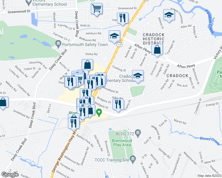 map of restaurants, bars, coffee shops, grocery stores, and more near 19 Woodland Street in Portsmouth
