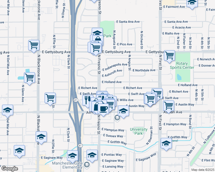 map of restaurants, bars, coffee shops, grocery stores, and more near 4343 North Augusta Street in Fresno