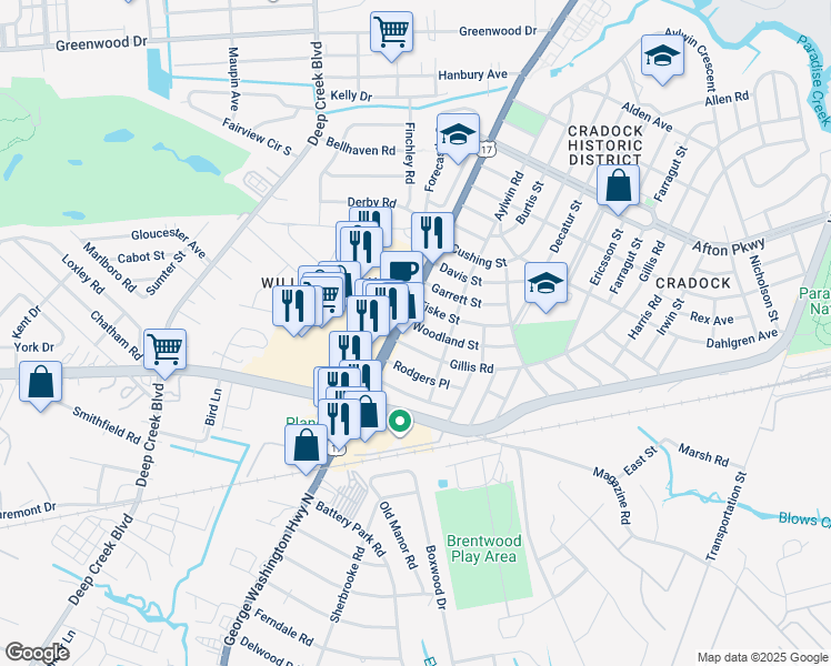 map of restaurants, bars, coffee shops, grocery stores, and more near 8 Woodland Street in Portsmouth
