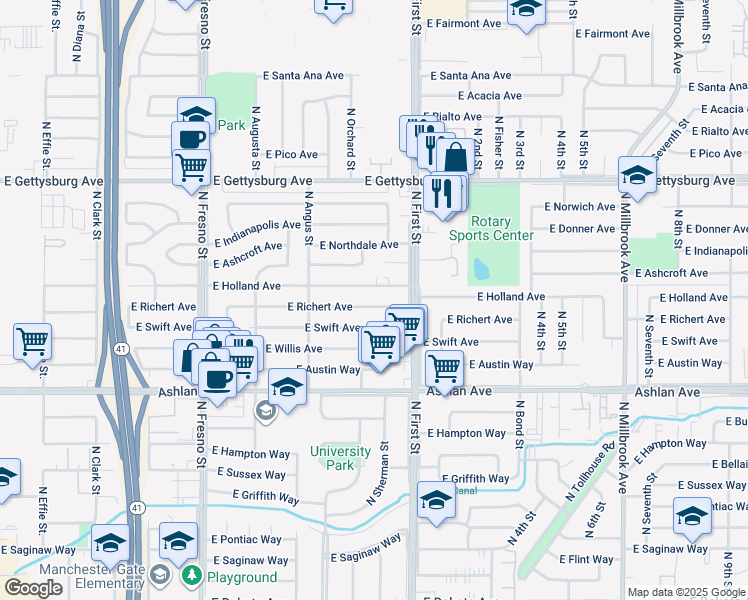 map of restaurants, bars, coffee shops, grocery stores, and more near 3027 East Richert Avenue in Fresno