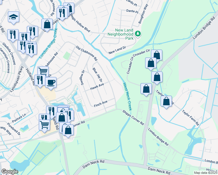 map of restaurants, bars, coffee shops, grocery stores, and more near 1309 Old Clubhouse Road in Virginia Beach