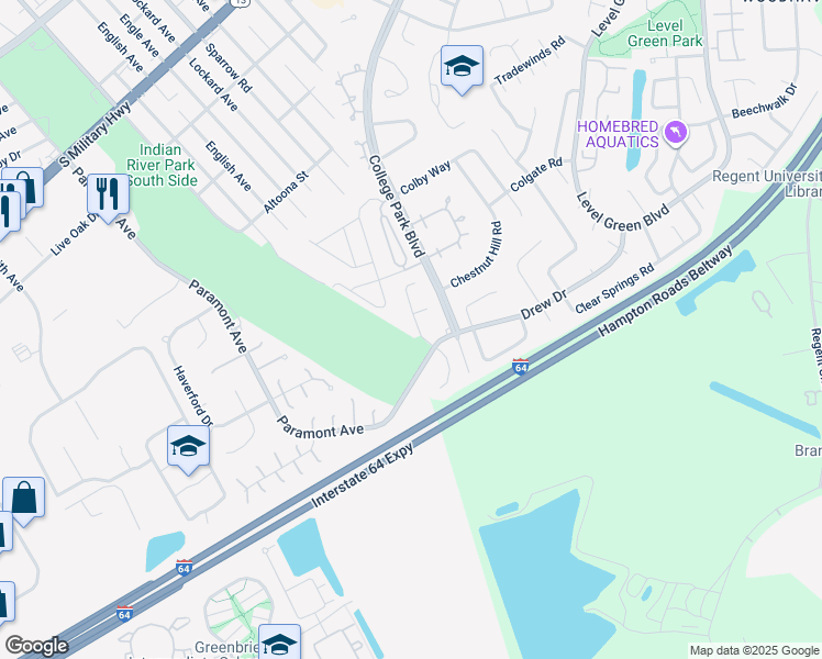 map of restaurants, bars, coffee shops, grocery stores, and more near 6421 Paramont Avenue in Chesapeake