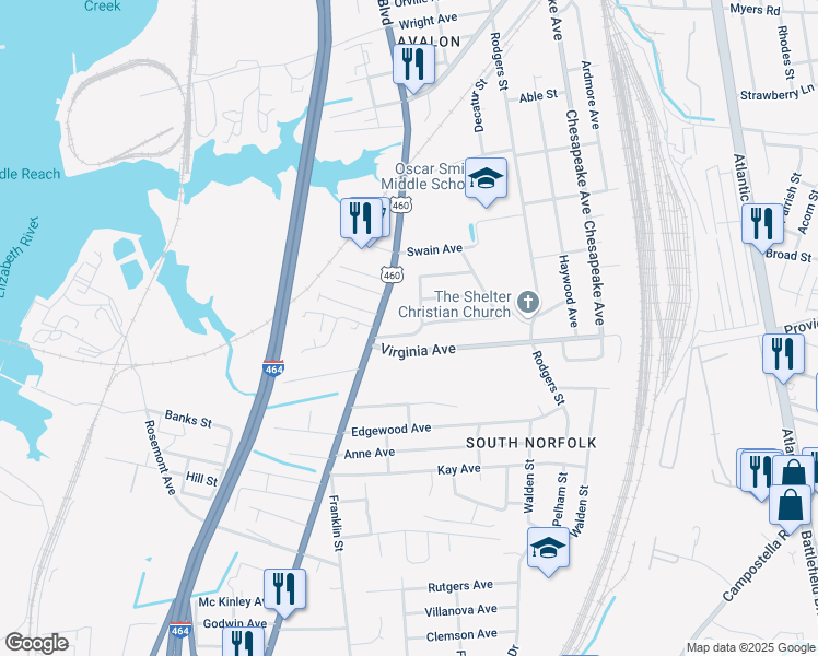 map of restaurants, bars, coffee shops, grocery stores, and more near 2609 Bainbridge Boulevard in Chesapeake