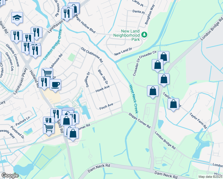 map of restaurants, bars, coffee shops, grocery stores, and more near 1260 Blue Jay Drive in Virginia Beach