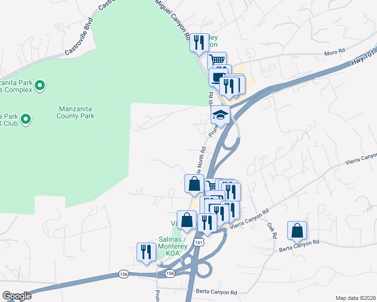 map of restaurants, bars, coffee shops, grocery stores, and more near 8280 Prunedale North Road in Salinas