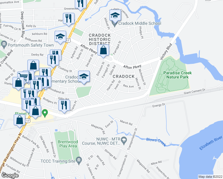 map of restaurants, bars, coffee shops, grocery stores, and more near 86 Dahlgren Avenue in Portsmouth