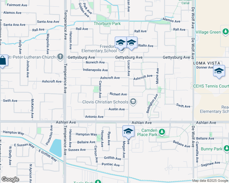 map of restaurants, bars, coffee shops, grocery stores, and more near 2905 Richert Avenue in Clovis